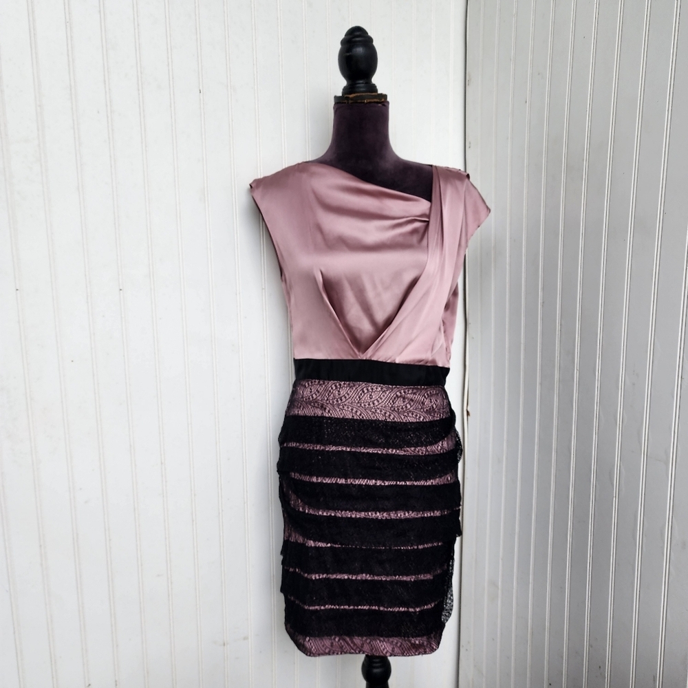 Max and Cleo Womens Satin Pink black Tired Lace Dress Nylon Side Zip Sz 8